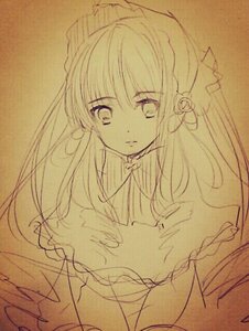 Rating: Safe Score: 0 Tags: 1girl bangs brown_background hair_ornament image long_hair looking_at_viewer monochrome shinku simple_background sketch solo traditional_media upper_body User: admin