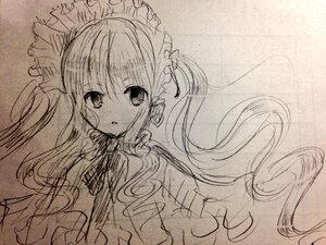 Rating: Safe Score: 0 Tags: 1girl bangs dress eyebrows_visible_through_hair graphite_(medium) image long_hair looking_at_viewer maid_headdress monochrome parted_lips shinku solo traditional_media twintails upper_body User: admin