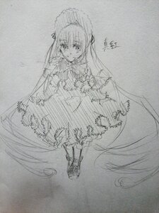 Rating: Safe Score: 0 Tags: 1girl auto_tagged boots dress frills full_body greyscale hat image long_hair long_sleeves looking_at_viewer monochrome shinku sketch solo standing traditional_media twintails very_long_hair User: admin