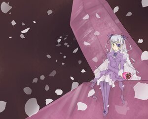 Rating: Safe Score: 0 Tags: 1girl barasuishou cherry_blossoms dress eyepatch flower gloves green_eyes image petals rose_petals sitting solo twintails veil User: admin