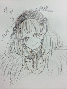 Rating: Safe Score: 0 Tags: 1girl blush bow closed_mouth frilled_hairband graphite_(medium) hairband heart image lolita_hairband long_hair looking_at_viewer monochrome photo simple_background sketch smile solo suigintou traditional_media wings User: admin