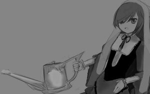 Rating: Safe Score: 0 Tags: 1girl bracelet dress greyscale hair_over_one_eye image long_sleeves monochrome open_mouth simple_background solo suiseiseki User: admin