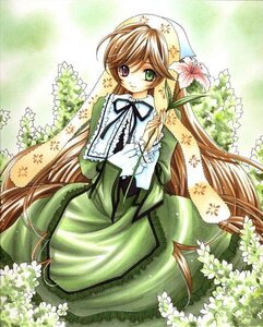 Rating: Safe Score: 0 Tags: 1girl brown_hair dress flower frills green_dress green_eyes head_scarf heterochromia image long_hair long_sleeves looking_at_viewer smile solo suiseiseki very_long_hair watering_can User: admin