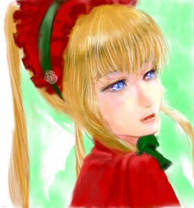 Rating: Safe Score: 0 Tags: 1girl bangs blonde_hair blue_eyes flower green_background hat image lips long_hair portrait rose shinku solo User: admin
