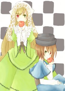 Rating: Safe Score: 0 Tags: 2girls apple argyle argyle_background blonde_hair brown_hair checkered checkered_background checkered_floor dress food fruit green_dress green_eyes hat heterochromia holding holding_food holding_fruit image long_hair long_sleeves looking_at_viewer multiple_girls pair red_eyes short_hair siblings sisters souseiseki strawberry suiseiseki twins very_long_hair User: admin