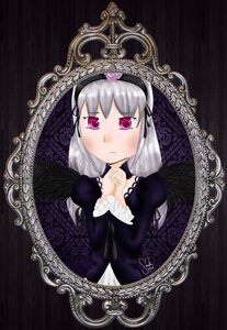 Rating: Safe Score: 0 Tags: 1girl black_wings detached_collar dress flower hairband image juliet_sleeves long_hair long_sleeves looking_at_viewer pink_eyes puffy_sleeves ribbon silver_hair solo suigintou upper_body wings User: admin