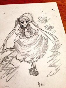 Rating: Safe Score: 0 Tags: 1girl bow dress flower frills full_body image long_hair long_sleeves looking_at_viewer monochrome rose shinku solo standing traditional_media twintails very_long_hair User: admin