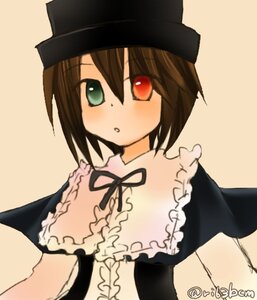 Rating: Safe Score: 0 Tags: 1girl :o black_headwear blush brown_hair frills green_eyes hat heterochromia image neck_ribbon red_eyes short_hair simple_background solo souseiseki twitter_username upper_body User: admin