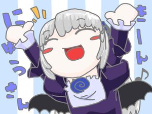 Rating: Safe Score: 0 Tags: 1girl bangs grey_hair image long_sleeves one_eye_closed open_mouth red_eyes solo striped suigintou User: admin