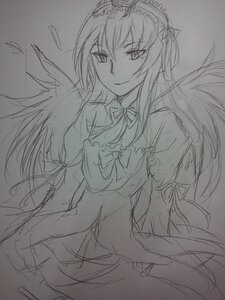 Rating: Safe Score: 0 Tags: 1girl akemi_homura choker dress elbow_gloves gloves hairband image long_hair looking_at_viewer monochrome ribbon sketch smile solo suigintou traditional_media User: admin