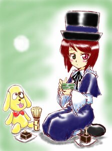 Rating: Safe Score: 0 Tags: 1girl blue_dress bow bowtie collar dress hat heterochromia image long_sleeves short_hair sitting solo souseiseki top_hat User: admin