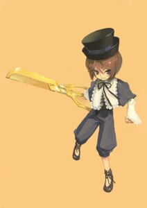 Rating: Safe Score: 0 Tags: 1girl bangs black_neckwear black_ribbon brown_hair full_body hat holding image long_sleeves looking_at_viewer neck_ribbon orange_background pants ribbon short_hair simple_background solo souseiseki standing top_hat weapon User: admin