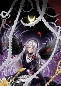 Rating: Safe Score: 0 Tags: 1girl black_wings dress flower frills gothic_lolita hairband image lolita_fashion long_hair long_sleeves petals pink_eyes red_eyes rose silver_hair solo suigintou very_long_hair wings User: admin