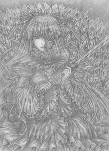 Rating: Safe Score: 0 Tags: 1girl barasuishou dress frills graphite_(medium) greyscale image long_hair long_sleeves monochrome solo traditional_media very_long_hair wide_sleeves User: admin