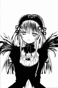 Rating: Safe Score: 0 Tags: 1girl black_wings closed_mouth detached_collar dress expressionless frills greyscale hairband image lolita_hairband long_hair long_sleeves looking_at_viewer monochrome ribbon simple_background solo suigintou upper_body white_background wings User: admin