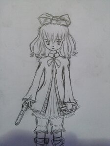 Rating: Safe Score: 0 Tags: 1girl bow dress front_ponytail graphite_(medium) greyscale gun hair_bow hinaichigo holding image kagiyama_hina long_sleeves looking_at_viewer monochrome ribbon sketch solo standing traditional_media weapon User: admin