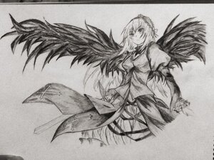 Rating: Safe Score: 0 Tags: 1girl dress greyscale image long_hair long_sleeves looking_at_viewer monochrome solo suigintou traditional_media wings User: admin