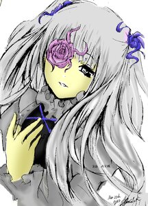 Rating: Safe Score: 0 Tags: 1girl blue_flower eyepatch flower hair_ornament image kirakishou long_hair ribbon rose simple_background solo white_background User: admin