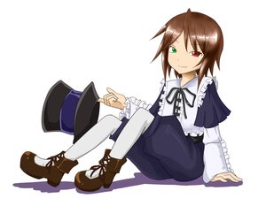 Rating: Safe Score: 0 Tags: auto_tagged brown_hair frills full_body green_eyes hat hat_removed headwear_removed heterochromia holding_clothes image long_sleeves red_eyes shadow sitting smile solo souseiseki striped top_hat vertical_stripes white_background User: admin