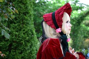 Rating: Safe Score: 0 Tags: 1girl bangs blonde_hair blue_eyes blurry bonnet bow depth_of_field doll_joints flower lips nature outdoors profile rose shinku solo upper_body User: admin