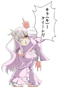 Rating: Safe Score: 0 Tags: 1girl \m/ breasts dress flower green_eyes hair_flower hair_ornament index_finger_raised long_hair pink_hair pointing rose solo User: admin