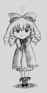 Rating: Safe Score: 0 Tags: 1girl :< :t bloomers blush bow chibi dress drill_hair full_body greyscale hair_bow hinaichigo image long_sleeves monochrome pout solo standing tears User: admin