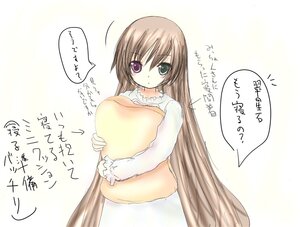 Rating: Safe Score: 0 Tags: 1girl blush brown_hair dress green_eyes heterochromia image long_hair long_sleeves looking_at_viewer pillow pillow_hug solo striped suiseiseki vertical_stripes very_long_hair User: admin