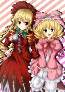 Rating: Safe Score: 0 Tags: 2girls blonde_hair bow cup dress frills green_eyes hinaichigo image long_hair multiple_girls open_mouth pair red_eyes ribbon shinku smile striped_background tea teacup User: admin