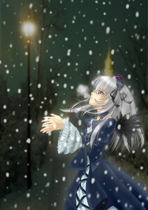 Rating: Safe Score: 0 Tags: 1girl black_ribbon dress hair_ribbon hairband hat image long_hair long_sleeves red_eyes ribbon silver_hair snow snowing solo suigintou wings winter User: admin