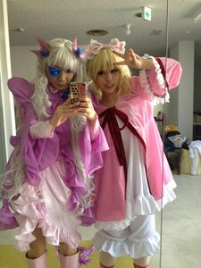 Rating: Safe Score: 0 Tags: blonde_hair blue_eyes cellphone dress flower frills hair_ornament long_hair mirror multiple_cosplay multiple_girls phone pink_dress realistic ribbon smile tagme User: admin