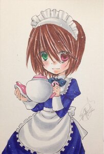 Rating: Safe Score: 0 Tags: 1girl apron blue_dress blush bow bowtie brown_hair dress frills green_eyes heterochromia holding image juliet_sleeves long_sleeves looking_at_viewer maid red_eyes short_hair signature simple_background solo souseiseki yumeki_kokoro User: admin
