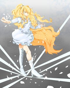 Rating: Safe Score: 0 Tags: 1girl blonde_hair boots closed_eyes dress flower frills hair_ornament jewelry knee_boots long_hair petals rose solo white_dress white_footwear User: admin