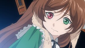 Rating: Safe Score: 0 Tags: 1girl bangs brown_hair closed_mouth dress eyebrows_visible_through_hair frilled_shirt_collar frills green_eyes heterochromia image long_hair looking_at_viewer red_eyes ribbon solo suiseiseki User: admin
