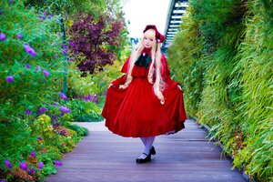 Rating: Safe Score: 0 Tags: 1girl black_footwear blonde_hair blue_eyes dress flower long_hair long_sleeves looking_at_viewer outdoors pantyhose red_dress shinku shoes skirt_hold solo standing tree very_long_hair User: admin