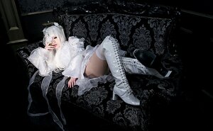Rating: Safe Score: 0 Tags: 1girl boots crossed_legs dress high_heels kirakishou nail_polish sitting solo thigh_boots thighhighs white_dress white_hair User: admin