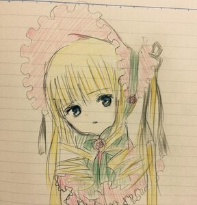 Rating: Safe Score: 0 Tags: 1girl blonde_hair blue_eyes bow bowtie dress frills holding_umbrella image long_hair long_sleeves looking_at_viewer rain shinku simple_background solo umbrella upper_body User: admin