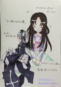 Rating: Safe Score: 0 Tags: 2girls closed_eyes dress holding_hands image kakizaki_megu long_hair long_sleeves multiple_girls musical_note solo suigintou traditional_media watercolor_(medium) User: admin