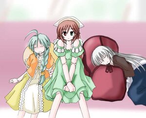 Rating: Safe Score: 0 Tags: 3girls ahoge blue_dress braid brown_hair closed_eyes dress green_dress hat head_scarf heterochromia image long_hair long_sleeves looking_at_viewer multiple multiple_girls pillow silver_hair suiseiseki tagme very_long_hair User: admin