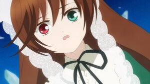 Rating: Safe Score: 0 Tags: 1girl :o black_neckwear black_ribbon brown_hair cloud dress green_eyes heterochromia image long_hair looking_at_viewer neck_ribbon open_mouth red_eyes ribbon sky solo suiseiseki User: admin