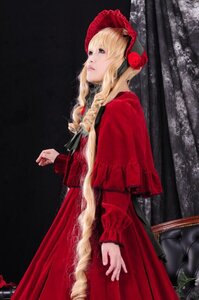 Rating: Safe Score: 0 Tags: 1girl blonde_hair cloak curtains dress flower lips long_hair long_sleeves red_dress rose shinku solo User: admin