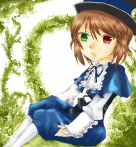 Rating: Safe Score: 0 Tags: 1girl blue_dress brown_hair collar dress frills grass green_eyes hat heterochromia image long_sleeves looking_at_viewer outdoors red_eyes short_hair sitting solo souseiseki sunlight white_legwear User: admin