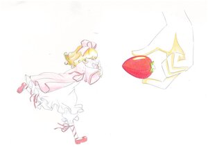 Rating: Safe Score: 0 Tags: 1girl apple blonde_hair bow dress food fruit hinaichigo holding_food image long_sleeves red_footwear ribbon shoes solo strawberry striped User: admin