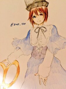 Rating: Safe Score: 0 Tags: 1girl capelet hat image long_sleeves looking_at_viewer neck_ribbon red_eyes ribbon short_hair simple_background smile solo souseiseki User: admin