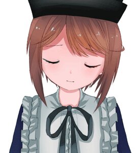 Rating: Safe Score: 0 Tags: 1girl apron bangs black_headwear blush brown_hair closed_eyes closed_mouth dress eyebrows_visible_through_hair facing_viewer frills hat image ribbon short_hair simple_background solo souseiseki striped upper_body white_apron white_background User: admin