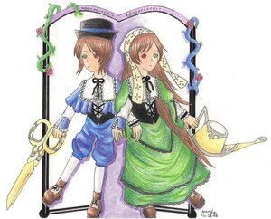 Rating: Safe Score: 0 Tags: 2girls blue_dress brown_hair dress flower frills full_body green_dress green_eyes hat heterochromia holding_hands image long_hair long_sleeves looking_at_viewer multiple_girls pair red_eyes scissors short_hair siblings sisters souseiseki suiseiseki top_hat twins User: admin