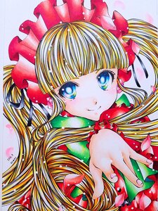 Rating: Safe Score: 0 Tags: 1990s_(style) 1girl bangs blonde_hair blue_eyes bow closed_mouth drill_hair eyebrows_visible_through_hair flower frills image long_hair long_sleeves looking_at_viewer marker_(medium) pastel_(medium) petals rose rose_petals shikishi shinku signature smile solo traditional_media twin_drills upper_body watercolor_(medium) User: admin