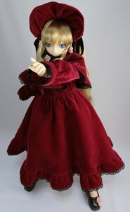 Rating: Safe Score: 0 Tags: 1girl bangs black_footwear blonde_hair blue_eyes bow dress full_body grey_background image long_hair long_sleeves looking_at_viewer outstretched_arm red_dress shinku shoes solo standing User: admin