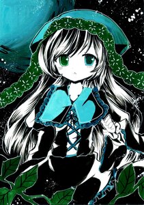 Rating: Safe Score: 0 Tags: 1girl blush dress frills green_eyes image leaf long_hair long_sleeves looking_at_viewer plant solo star_(sky) starry_sky suiseiseki very_long_hair vines User: admin