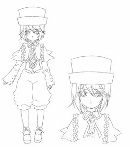 Rating: Safe Score: 0 Tags: capelet expressionless frills full_body hair_between_eyes hat hat_bow image lineart long_sleeves looking_at_viewer monochrome neck_ribbon ribbon shorts solo souseiseki standing striped top_hat vertical_stripes User: admin
