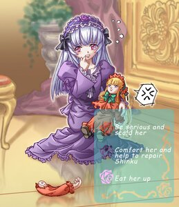 Rating: Safe Score: 0 Tags: 2girls anger_vein blonde_hair bonnet dress frills hairband image long_hair long_sleeves multiple_girls pair pink_eyes shinku silver_hair sitting suigintou wings User: admin